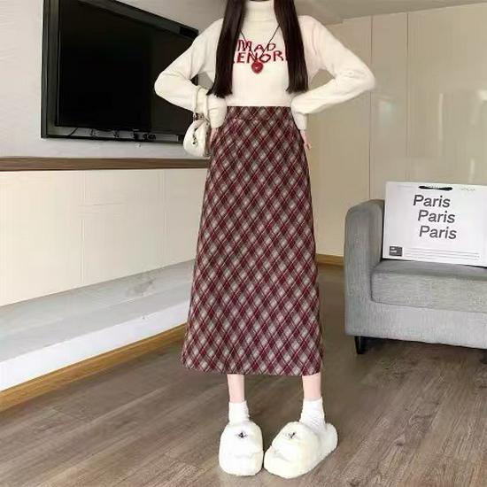 

D209 Retro High-Waisted Plaid Woolen Skirt - Slimming, Versatile, Knee-Length M (Weight 90-108 jin)