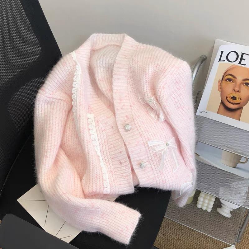 QICED Herbst und Winter Sanfter Lockerer Lässiger Strickpullover Mantel Spitze Schleife Strickjacke Frau