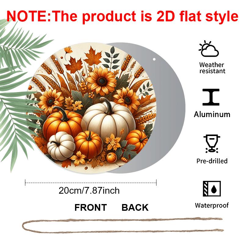 2D Flat, 1pc Round Aluminum Hanging Sign, Rustic Farmhouse Metal Wall Decor - Autumn Harvest Pumpkin & Fall Signs, Seasonal Plaque Suitable for Home