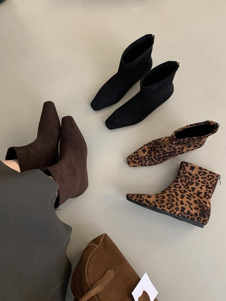 fashion Square Toe Women Ankle Boots Shallow Slip On Flat Heeled Black Brown Leopard 2024 New Arrivals Party Pumps Shoes Woman Size 39