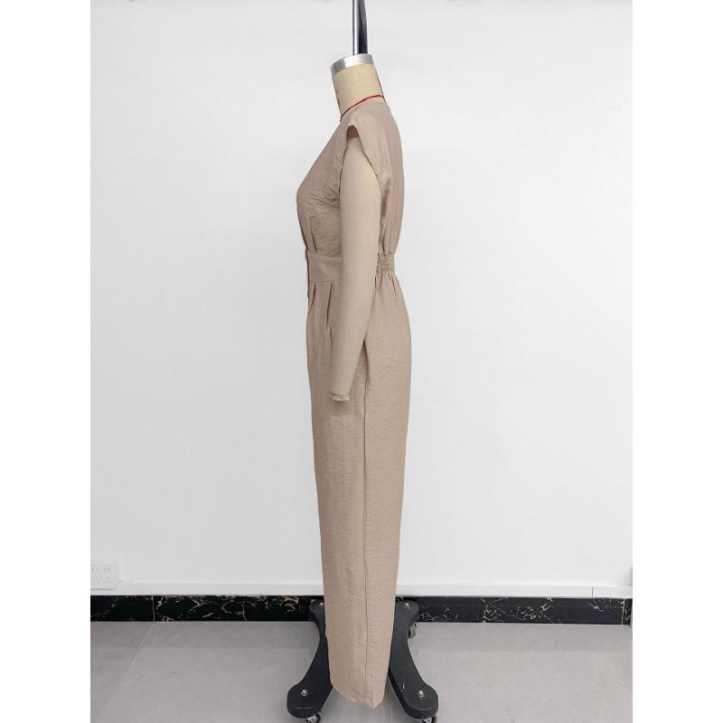 Damen Jumpsuit für Freizeit und Urlaub, einfacher V-Ausschnitt, einfarbig, elastisch, hohe Taille, weites Bein