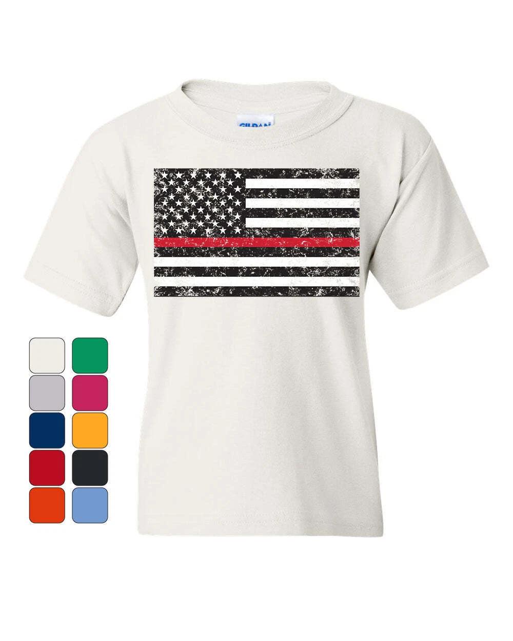 American Flag Thin Red Line Youth kids boys T-Shirt Firefighter First Responder Kids Tee 120