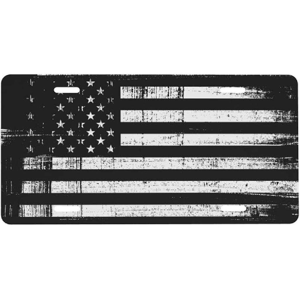 Black And White American Flag Front License Plate For Women Car Vanity Plates Decorative Aluminum Metal Cute Novelty License Plate Cover For Men 6X12