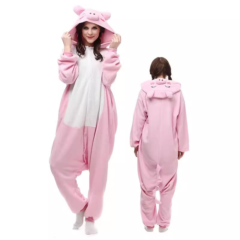 ENALIHI Adult Cold Hooded Pig Print Pajamas, Cute, Warm, Hooded, Winter, Fun, Protection, Loungewear, (Powdered SY08, M)