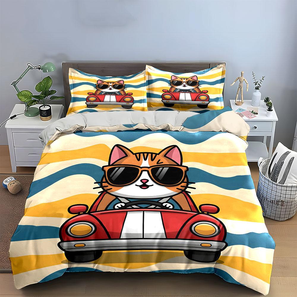 Cat driving red car. Bedding sets Duvet cover sets Duvet covers Pillowcases(1 * Duvet Cover 2 * Pillowcases without duvet insert)