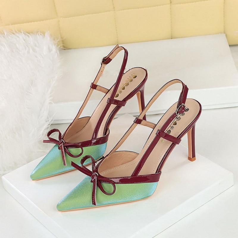 Silk Satin Butterfly Knot Pointed Toe Back One-Strap Sandals High Heels 9CM Elegant Sexy Rubber Sole Shoes Sandalias De Mujer