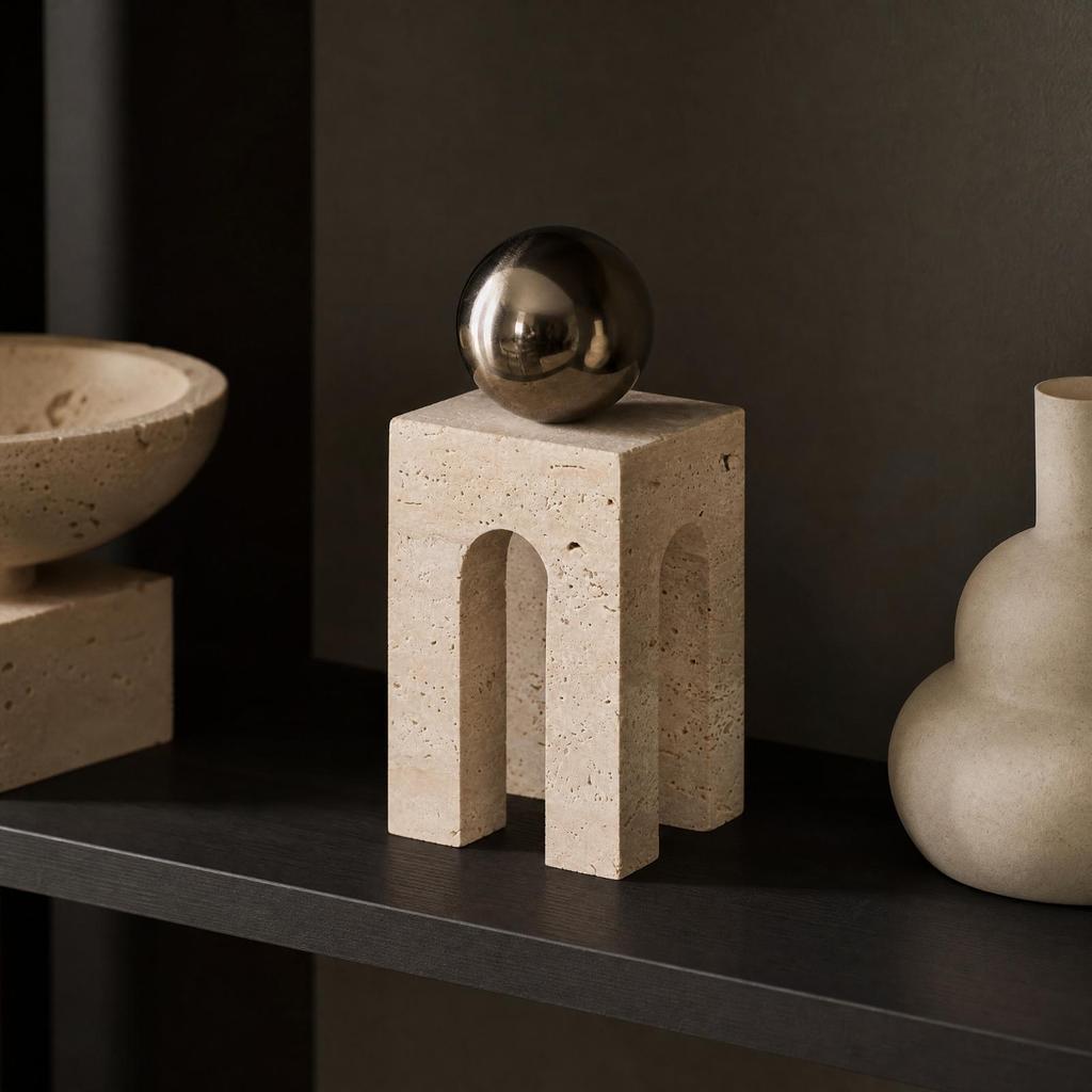 Geometric Resin Decor with Arched Cutouts Compact Arch Ornament StoneTextured Architectural