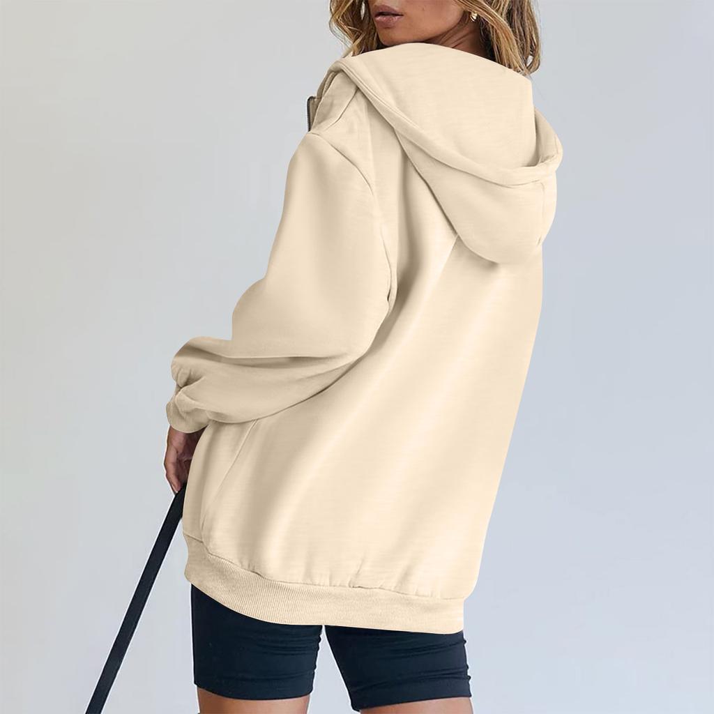Women's  Fashion Zipper Hoodie Long Sleeve Hooded Pullover Sweatshirt Casual Solid Color Tops With Pockets