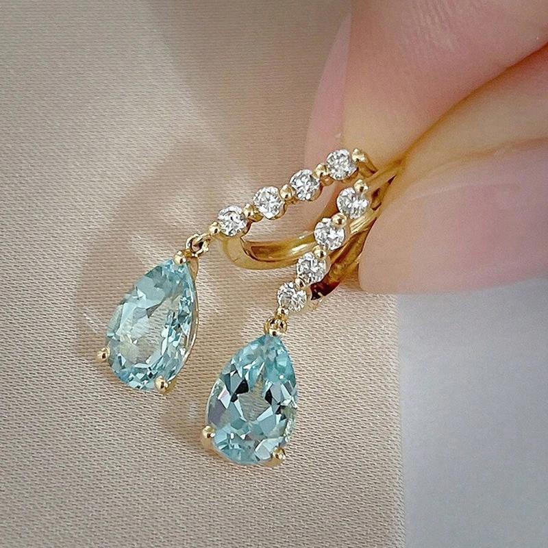 Favorite Toy Women's Light/Blue/Gold Caoshi Elegant Pear-Shaped Cubic Zirconia Pendant Earrings For Bridal Wedding Color Zircon Accessories