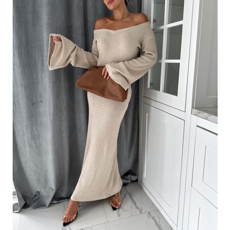 YYFS Women's Fashion Spring Fall Solid Color Print Long Sleeve V-Neck Middle Waistline Casual Dresses