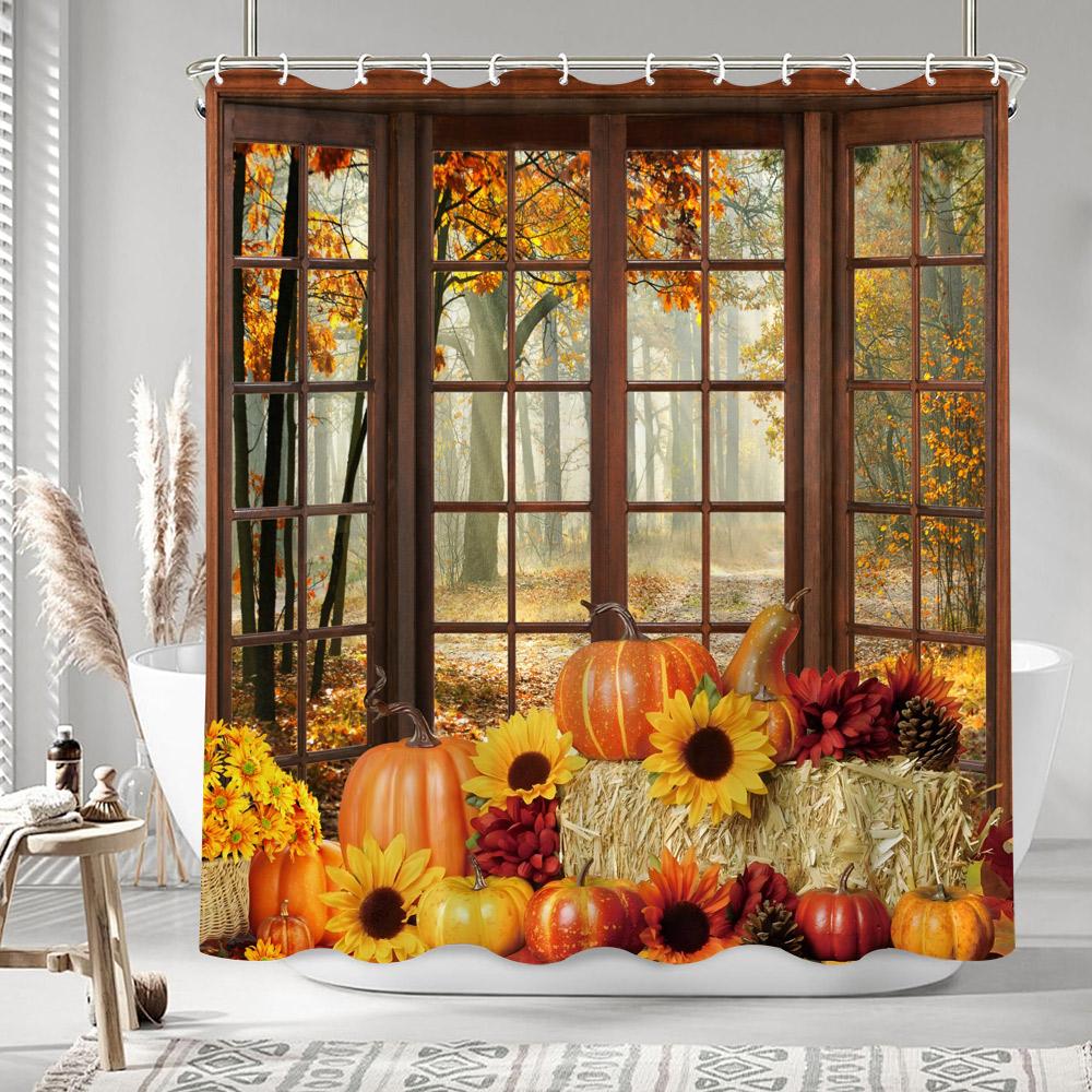 Autumn Leaves Pumpkin Shower Curtain Rustic Farm Truck Animals Thanksgiving Polyester Fabric Shower Curtains Bathroom Decoration