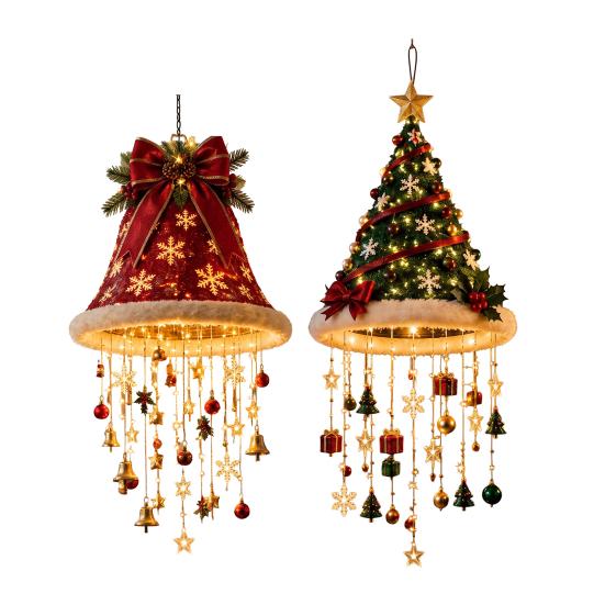 Indoor Living Room Ornaments Lighted Christmas Ceiling Hanging Decor, Pre-Lit Tree Bell Pendant with Big Decor Warm LED, Porch Doorway Holiday