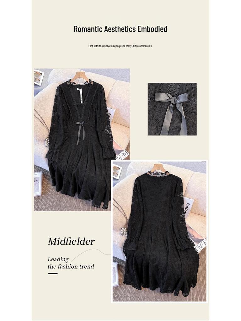 Plus Size Women's Lace Dress with Velvet Lining - Autumn/Winter, Elegant Slimming Skirt for 130-300 lbs