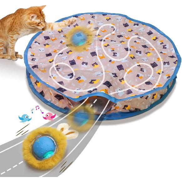 Interactive Cat Toys Ball Fast Rolling in Pouch, Motion Activate Chirping Cat Toy Hide and Seek Mouse Catching Game (Blue)