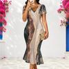 Women Plus Size V Neck Short Sleeve Fitted Striped Printed Fishtail Dress