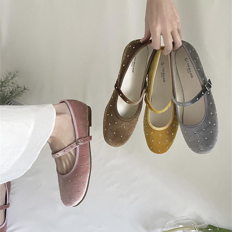 IPPEUM Women Ballet Flats Suede Round Toe Ballerinas Shoes Mujer Buckle Straps Mary Janes Shoes