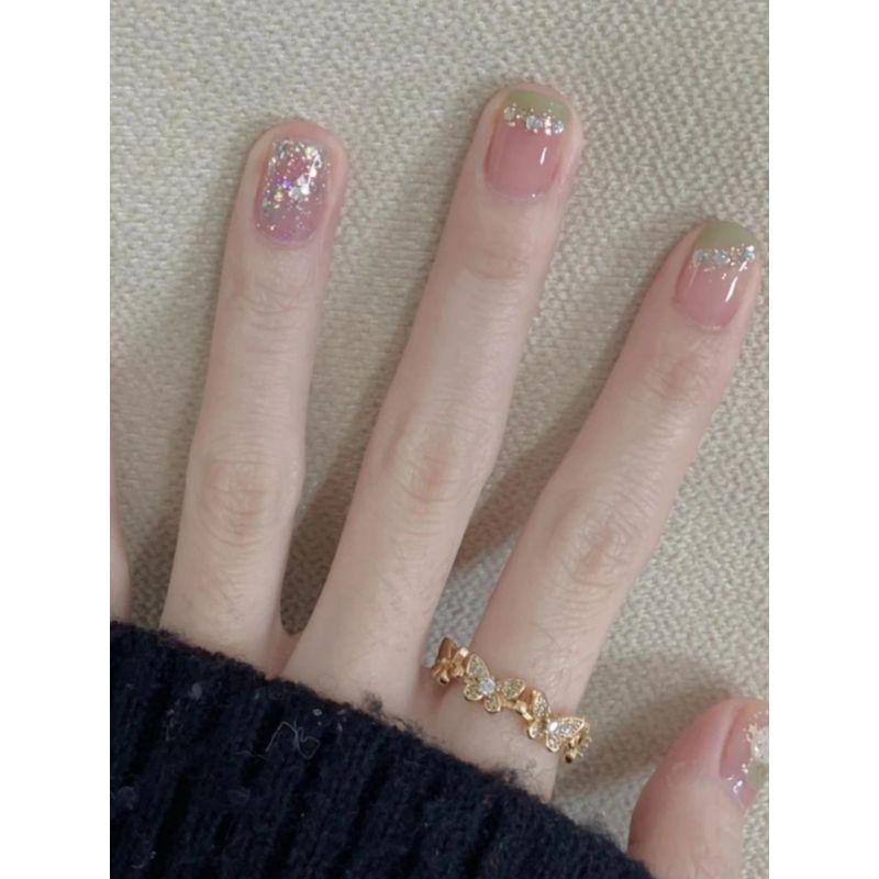 

Hand-Worn Nail Short White Sequin Hand-Painted Gentle Nail Stickers Daily Short Nail Fresh green French [short Square] special small XS