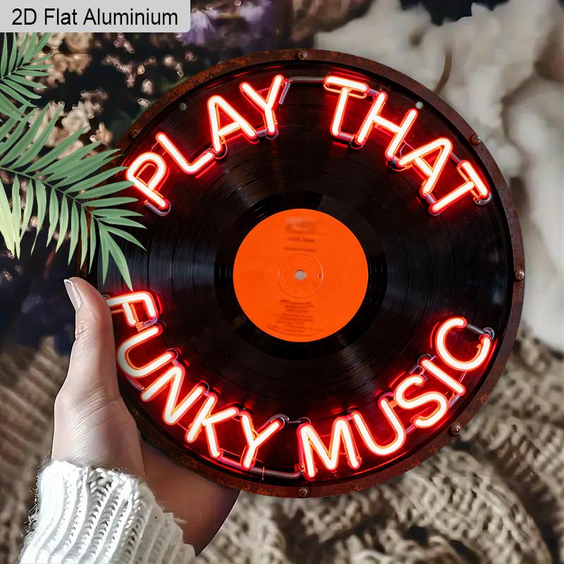 2D Flaches Aluminium Spiel Das Funky Musik 7,87 Zoll Schild CD Platte, Warme Rote Buchstaben Neon Up Schild für Wanddekoration Musik, Karaoke Bar Club Plattenladen