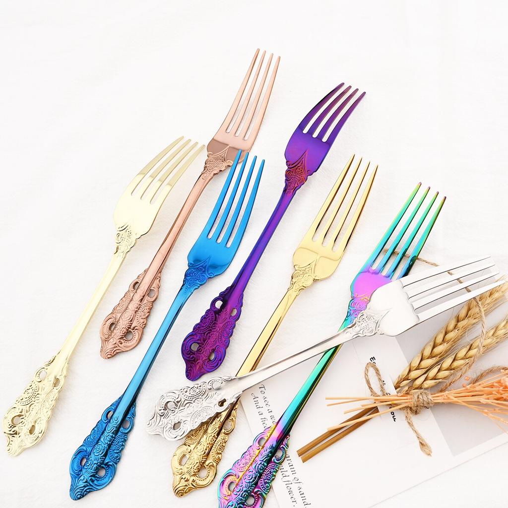 4Pcs Colorful Dinner Fork Stainless Steel Dinnerware Cake Fork Cutlery Fruit Salad Fork Dessert Fork Flatware Set