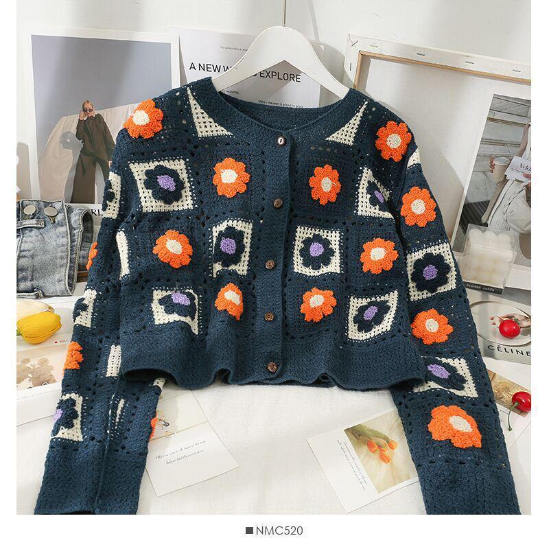 

Весенний японский милый ажурный вязаный кардиган с цветочной вышивкой - женский короткий свитер с длинным рукавом One Size тёмно-синий