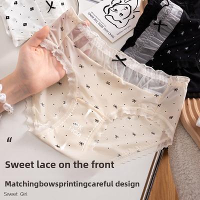 Female Summer Sweet Printed Ice Silk 10A Antibacterial Cotton Extended Crotch Waist Triangle Briefs