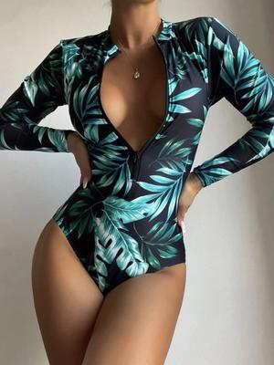 Costume da bagno stampato con cerniera foglia 2024 da donna costume intero a maniche lunghe costume da bagno da bagno da donna costume da bagno da spiaggia body