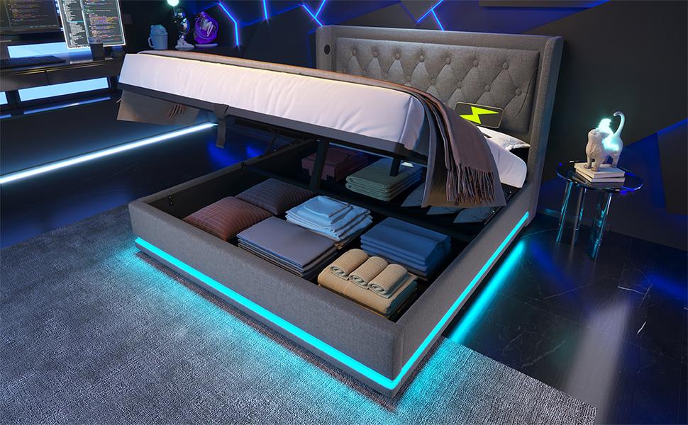 Gepolstertes Doppelbett 160*200 cm, graues Baumwoll-Hydraulik-Stauraumbett, Kopfteil mit USB Typ-C Ladefunktion, 3-seitige LED (Matratze nicht enthalten)