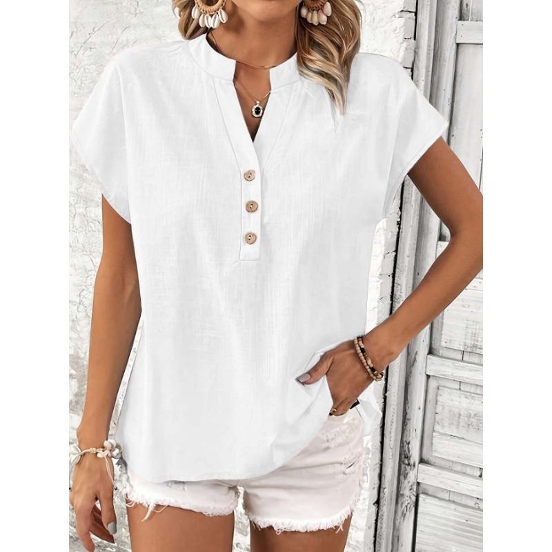 Summer Short Sleeve Loose Women Blouse New V-neck Button Retro Cotton Shirts Office Casual Simple Tops Shir… More