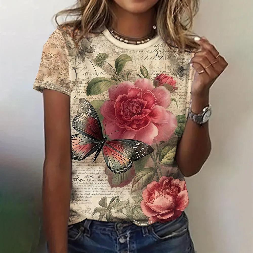 T-shirt da donna estiva a girocollo con stampa fantasia farfalla 3D, alla moda e casual a maniche corte