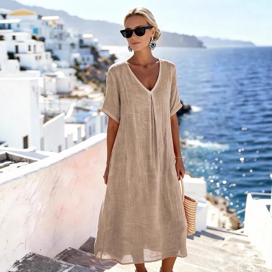 2026 New Casual Spring/Summer V-Neck Short Sleeve Loose Long Dress - Solid Color Cotton Linen Large