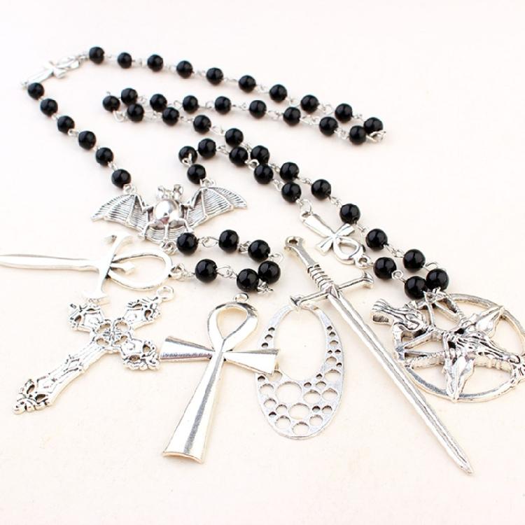 Gothic Punk Cool Rosary Beaded Necklace Ankh Cross Black Beads Bat Necklace