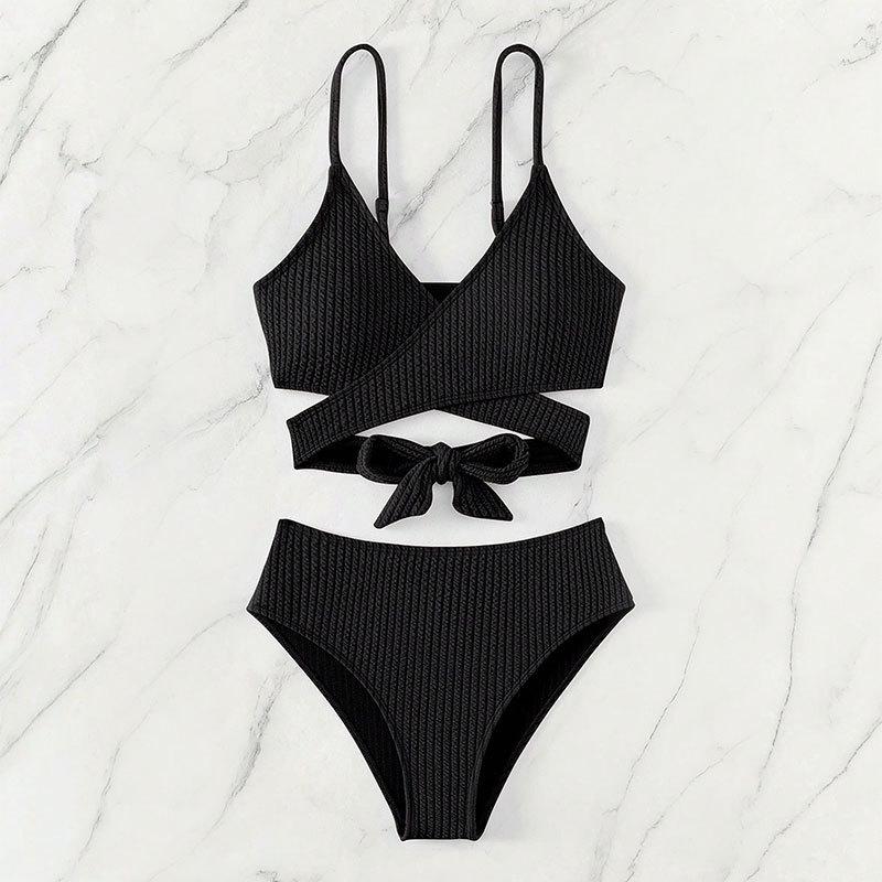 Women's 2 Piece Ribbed Bikini Set New Solid Color Wrap Cross Front Tie Back High Waisted Sexy Spaghetti Strap Summer Beach Swimwear