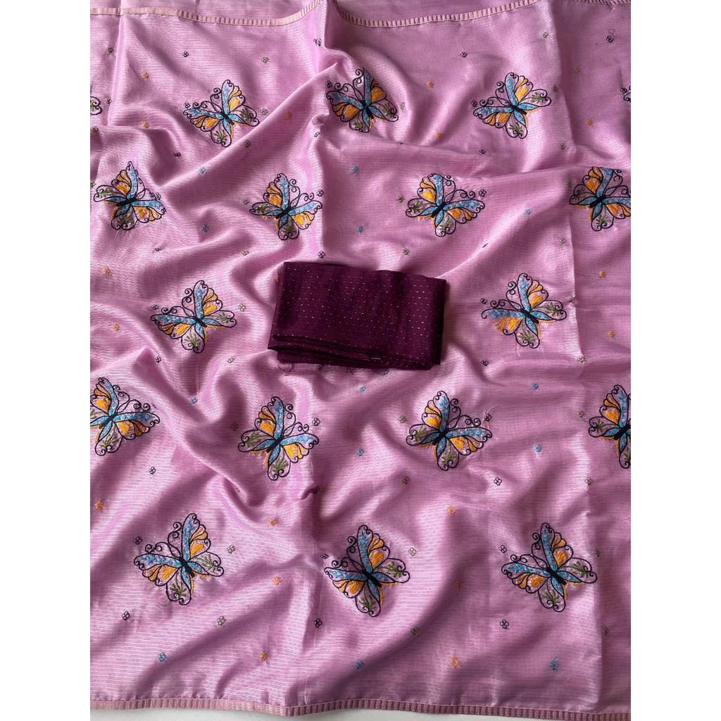 Pure kota silk saree with beautiful butterfly design embroidory all Over saree with piping
