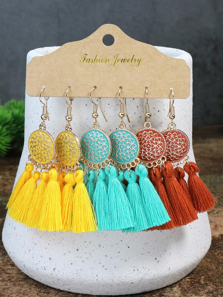 Bohemian Round Colored Glaze Alloy Earring Set Retro Ethnic Style Long Tassel Earrings Women's Girls' Personalized Zircon