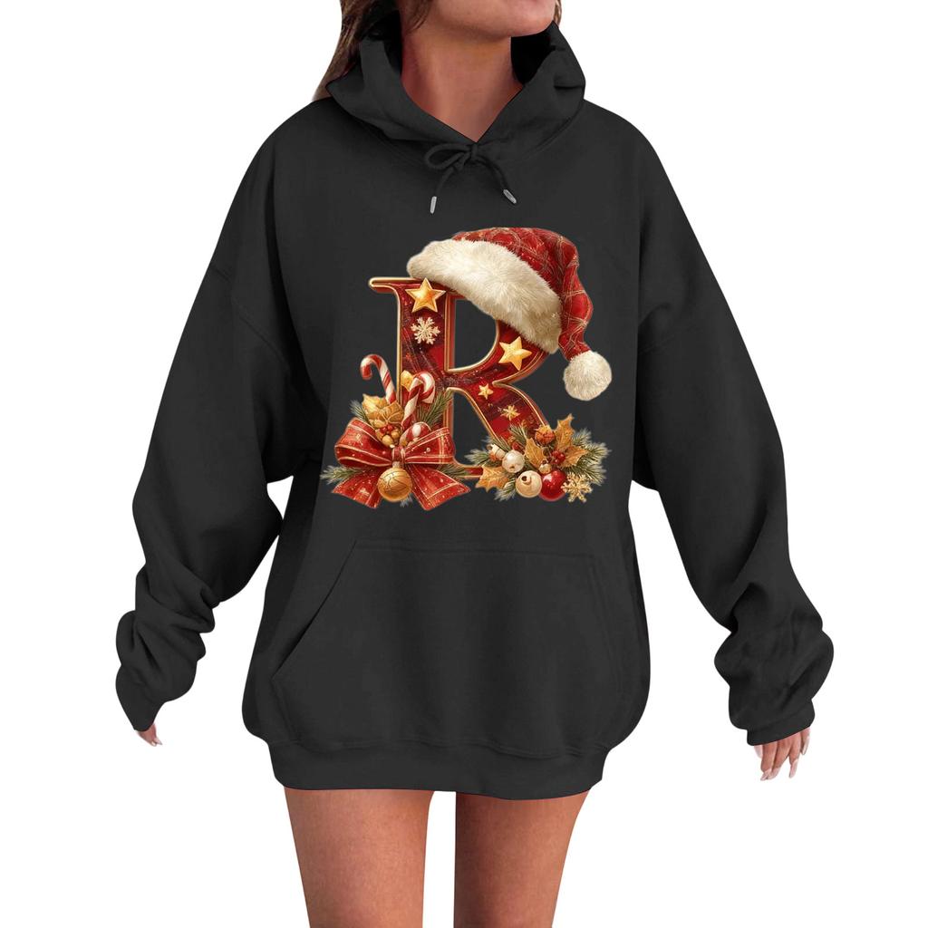 Women's Casual Comfortable Long-Sleeved Christmas Letter-Printed Warm Hooded Crew-Neck Sweatshirt