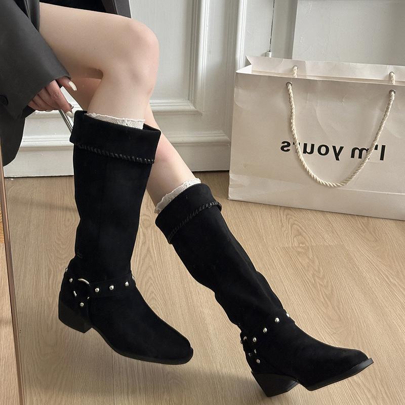 Sheepskin Version! Retro Thick Heel Medium Tube Suede Knight Boots Pointed Western Cowboy Boots Women Wear Belt Buckle Short Boots