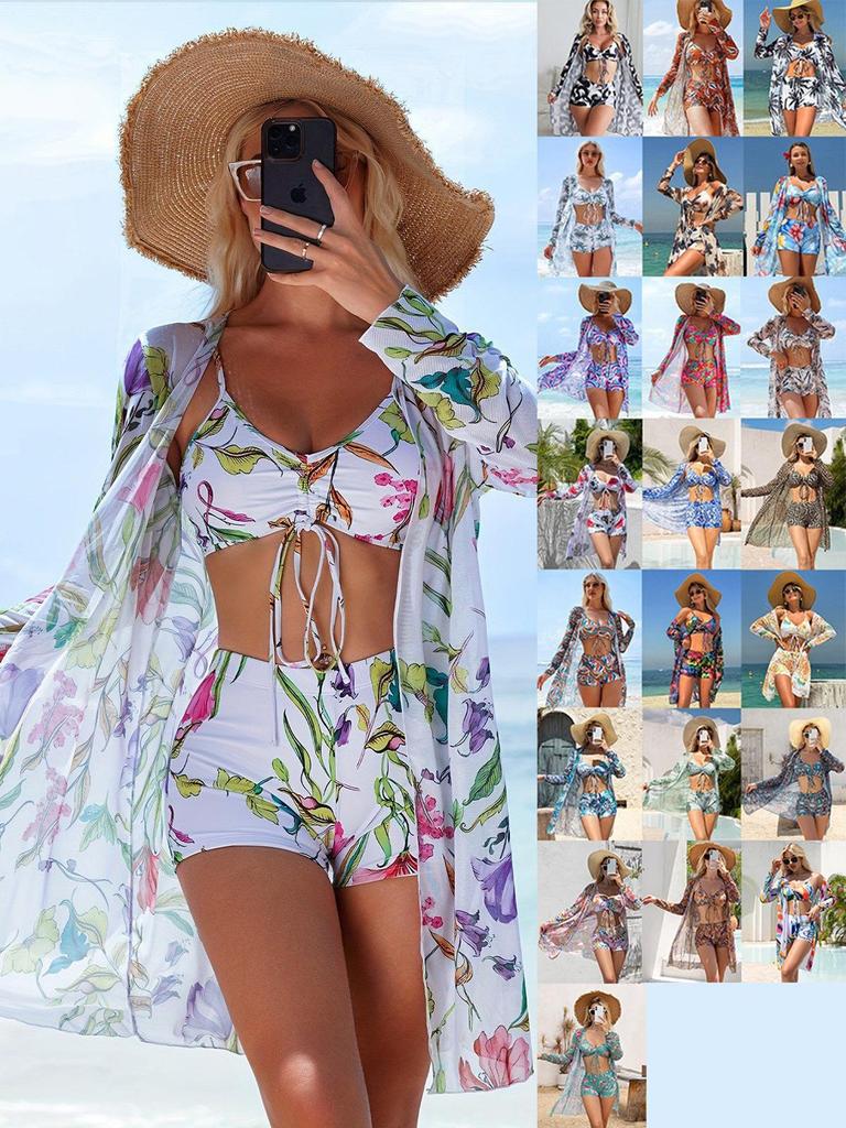 Women's Boyleg Three-Piece Swimsuit with Cardigan and Bow
