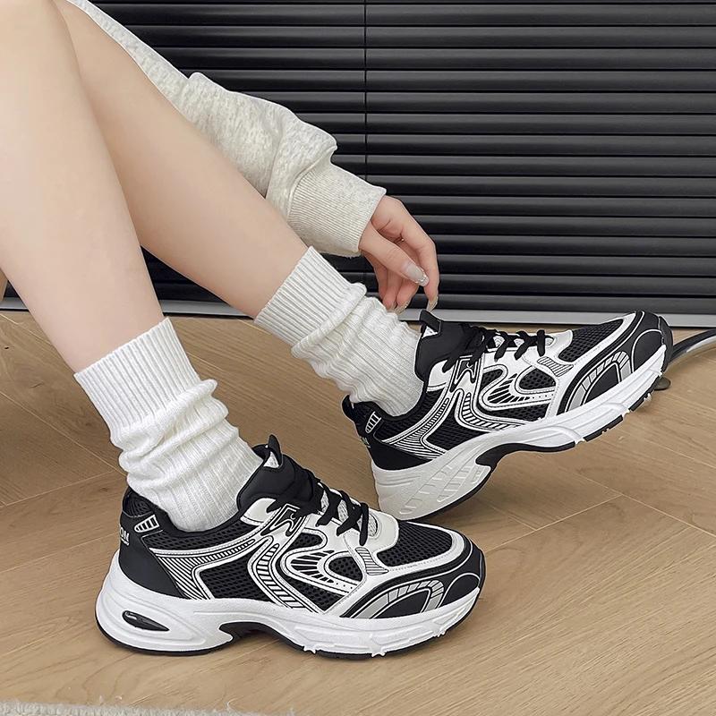 Spring and Autumn New Thick Sole Shallow Mouth Breathable Lace-up Match Color Sneakers Fashion Comfortable Casual Women's Shoes