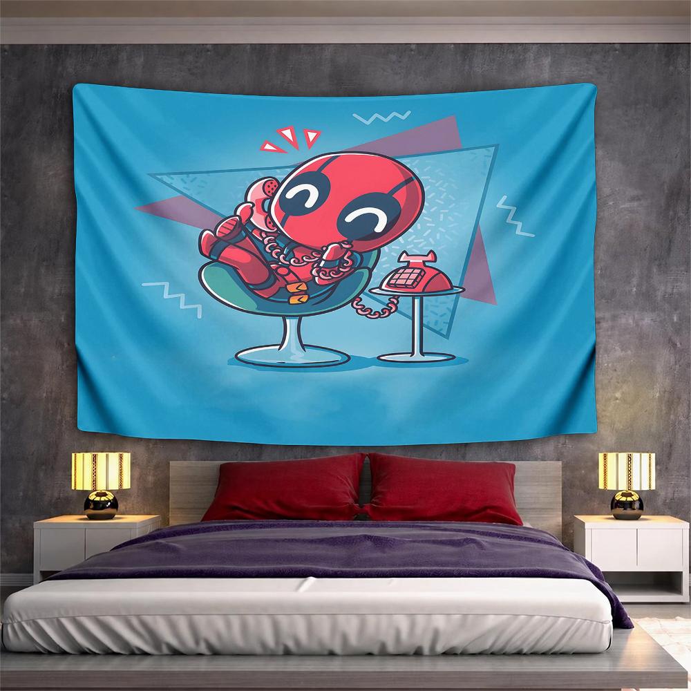 Chibi Deadpool Sitting on Retro Phone Chair Cartoon Wall Tapestry Blue Decor for Kids Room Dorm Gift