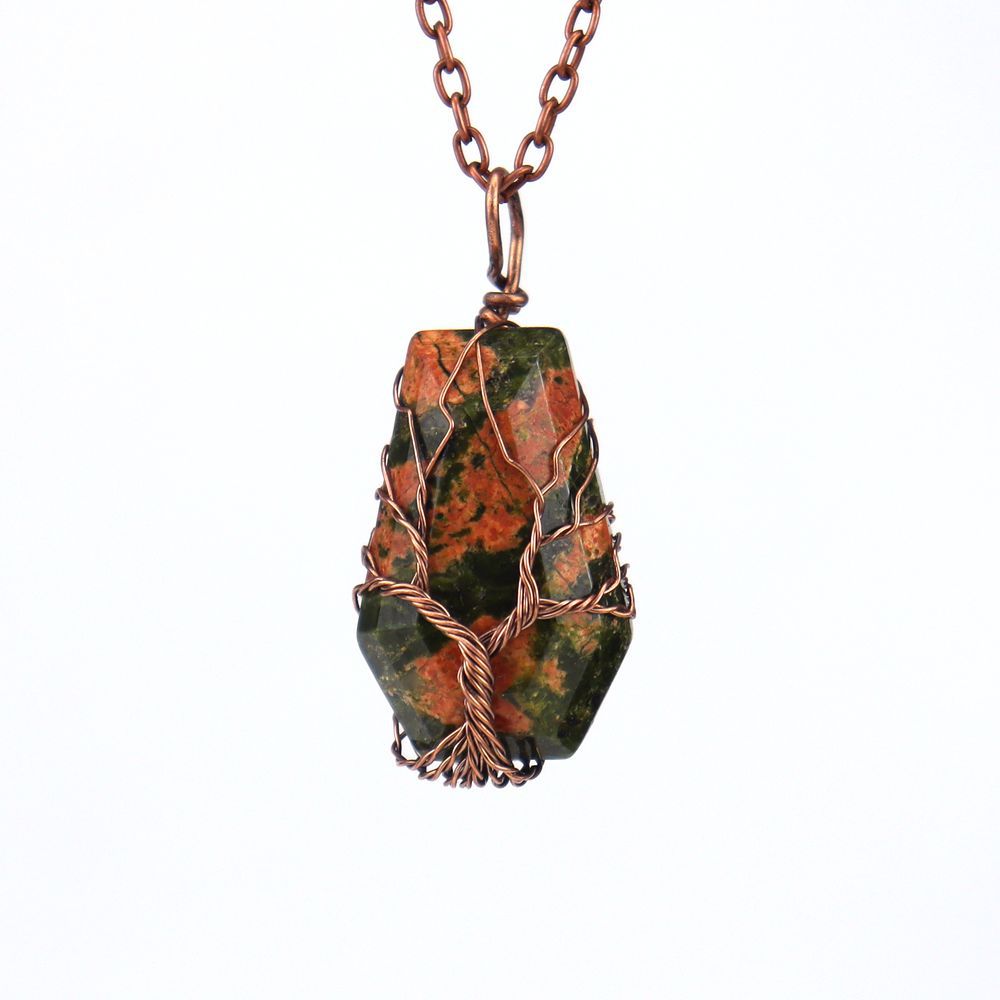 Handmade Ancient Red Copper Wound Tree Of Life Natural Crystal Stone Octahedron Necklace Fortune Tree Necklace N539