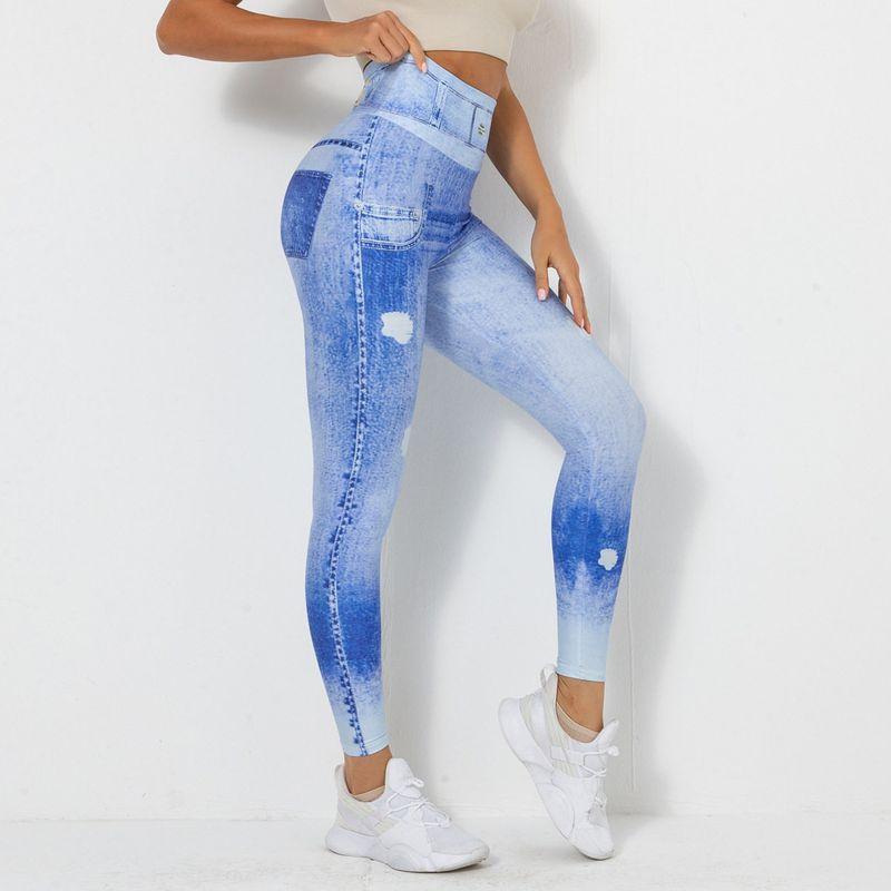 Cross-Border Fashion Digital Print Denim Blue Tight High Elastic Quick-Drying Yoga Pants Sports Running Slim Fit Fitness Pants Women