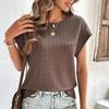 Ladies Summer Short Sleeve O Neck Solid Color Jacquard Plaid Pullover T Shirt Top