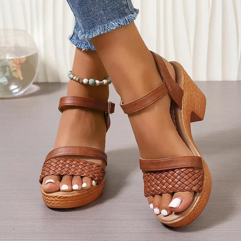Women's Braided Chunky Heel Sandals Summer 2025 Ankle Strap Platform Gladiator Sandals Woman Fashion Woven High Heeled Sandalias
