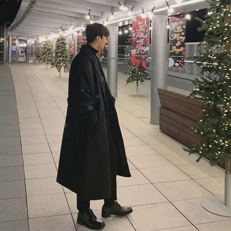 Men's Mid-Length Korean Style Woolen Trench Coat – Thick Autumn/Winter Over-Knee Design