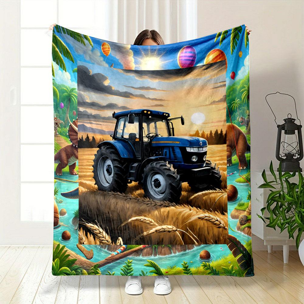 Blue Tractor Wheat Field Sunset Blanket bedroom Blanket for Livingroom Couch lunch break Soft throw for Friend's festival Gift
