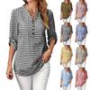 Women's Casual Plaid V Neck Long Sleeve Loose Fit Shirt Top