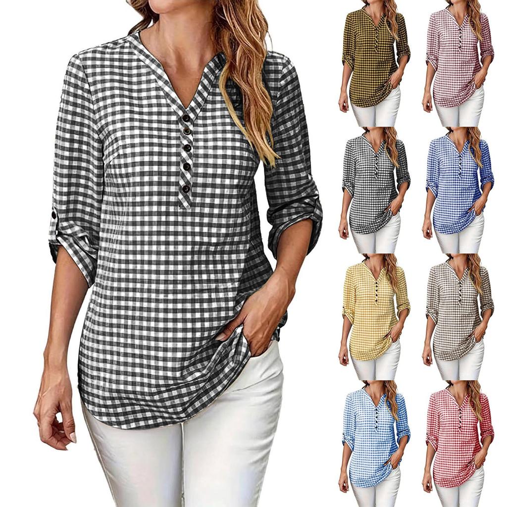 Women's Casual Plaid V Neck Long Sleeve Loose Fit Shirt Top