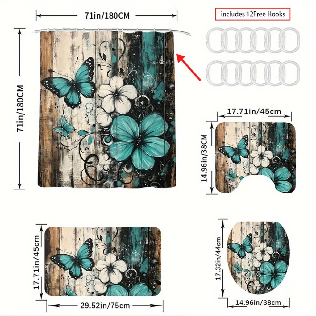 1/4Pcs Bathroom Shower Curtain Set Teal Butterfly  Print Bathroom Curtain With 12 Hooks Non Slip Rugs Toilet Cover Mat Bathroom Partition