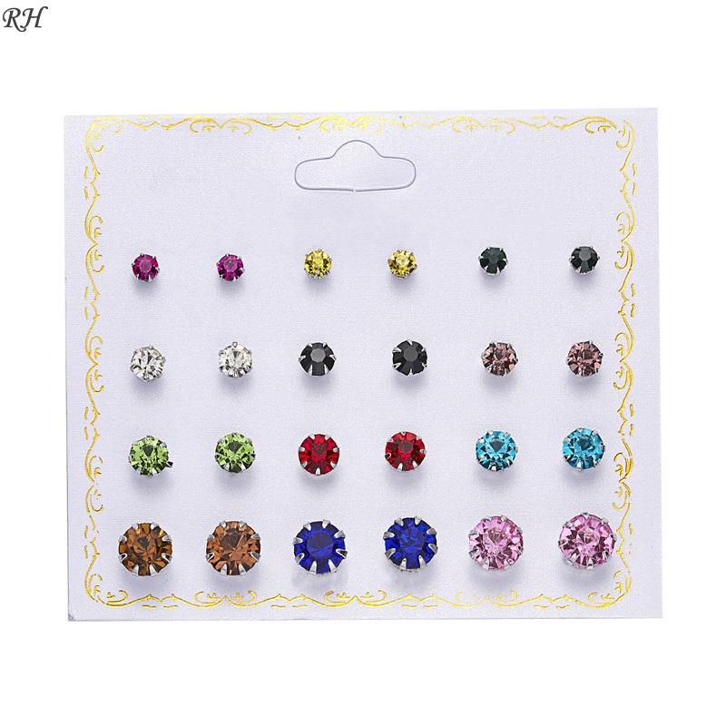 12 Pairs Women Faux Pearl Zircon Crystal Stud Earrings Set Round Piercing Ball Earring Jewelry Accessories