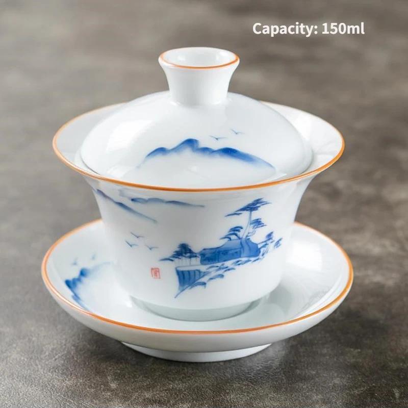 Jingdezhen-Porcelain Tea Set, Ceramic Teacups and Saucers, Handpainted Lotus, Travel, Easy Gaiwan, Porcelain Cup, Tableware